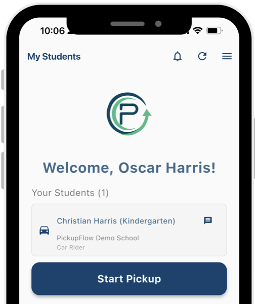 PickupFlow app showing Start Pickup button