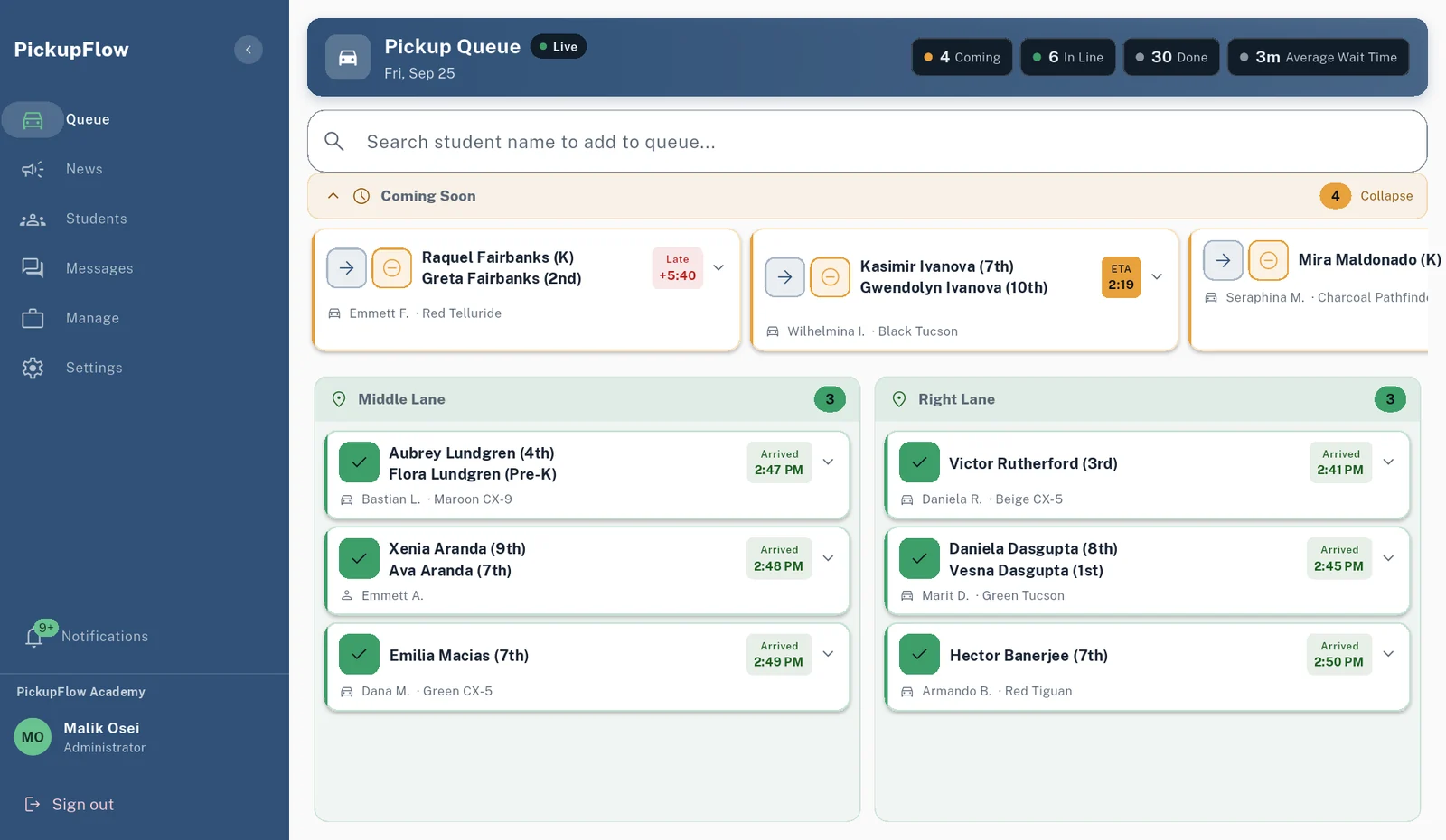 PickupFlow pickup queue on a tablet: families on the way with arrival countdowns, and arrived students listed by car lane